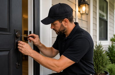 Residential locksmith assisting with a house lockout in Portland, Oregon.